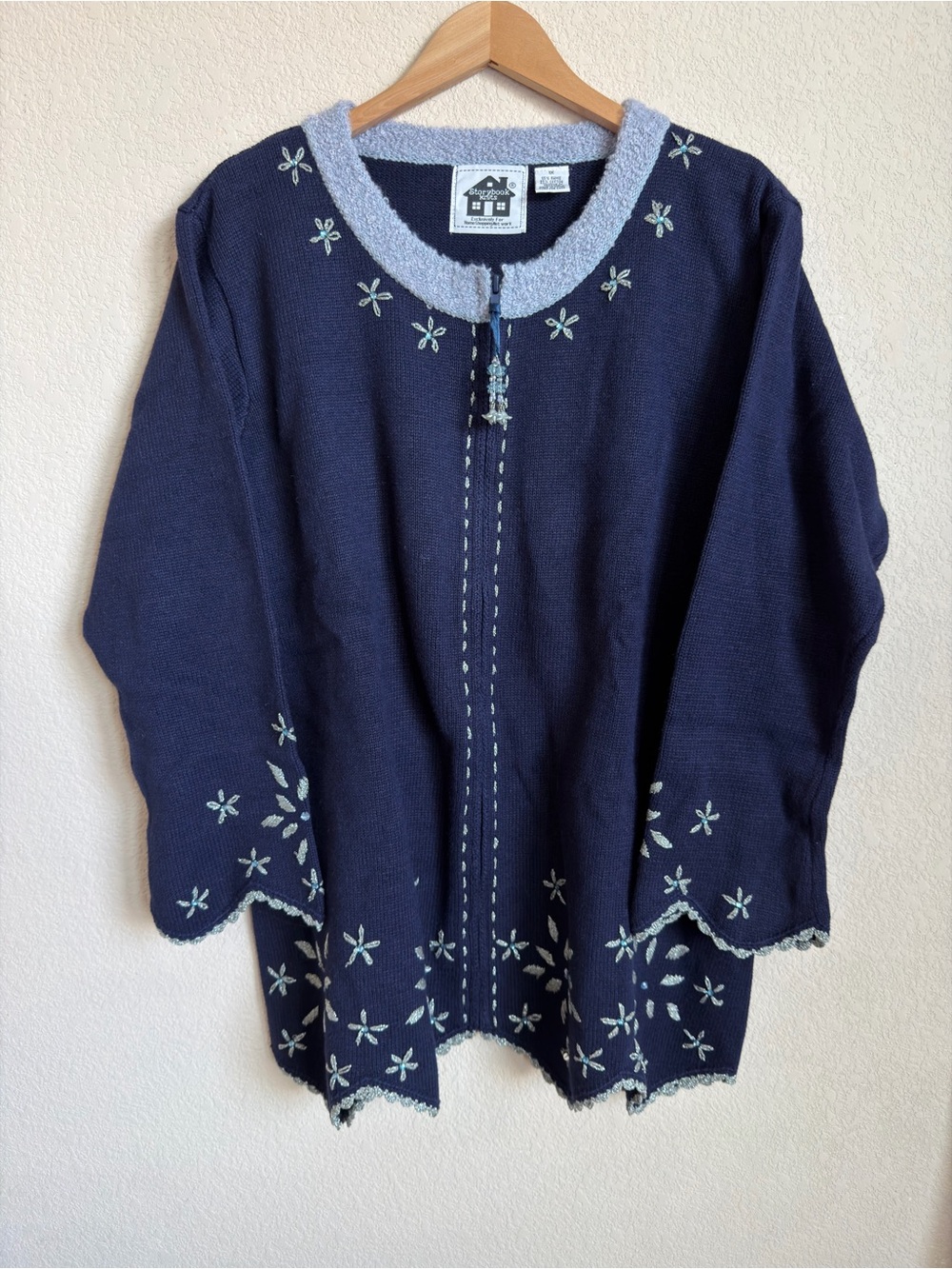 Storybook Knits Devoted Floral Cardigan 1X Navy Embroidered Beaded Plus Size